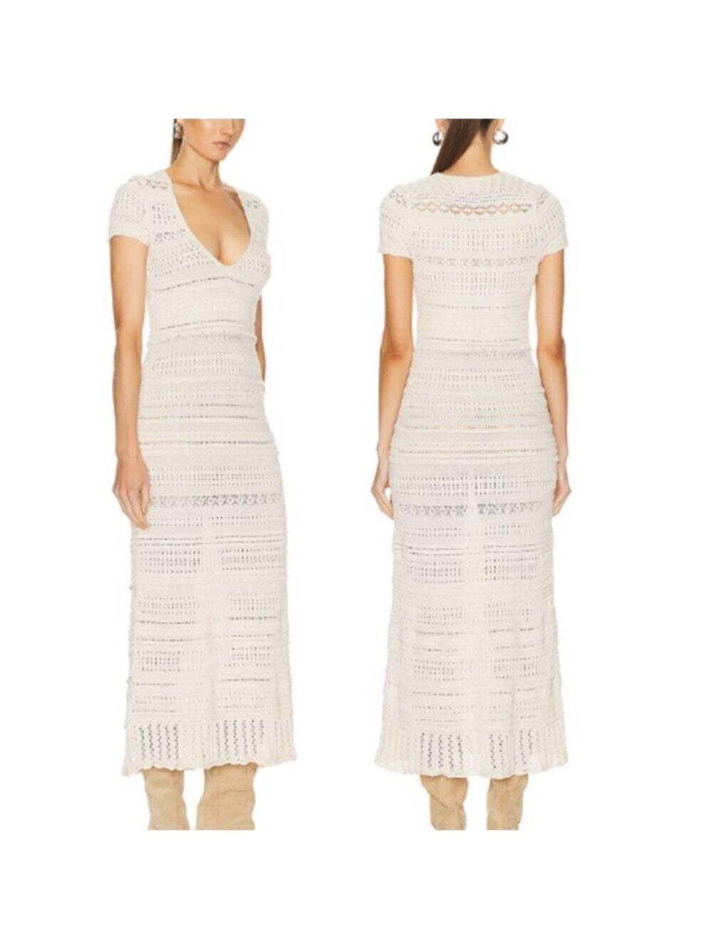 NEW Isabel Marant Etoile Jinny Crochet Knit V Neck Maxi Dress Cream Size: 36